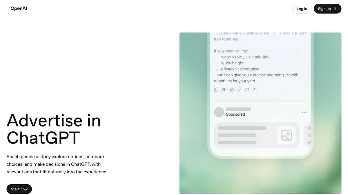 Página pública Advertise in ChatGPT da OpenAI, com uma unidade Sponsored abaixo de uma resposta do ChatGPT