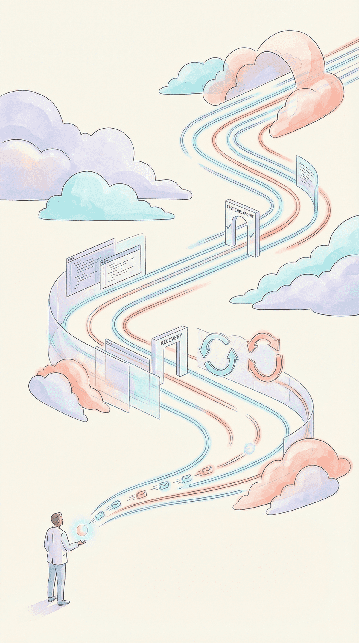 Horizonte de autonomia com trilha longa, checkpoint de teste e recuperação