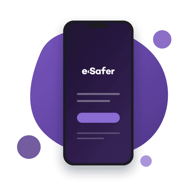 Celular com a marca e-Safer na tela do aplicativo
