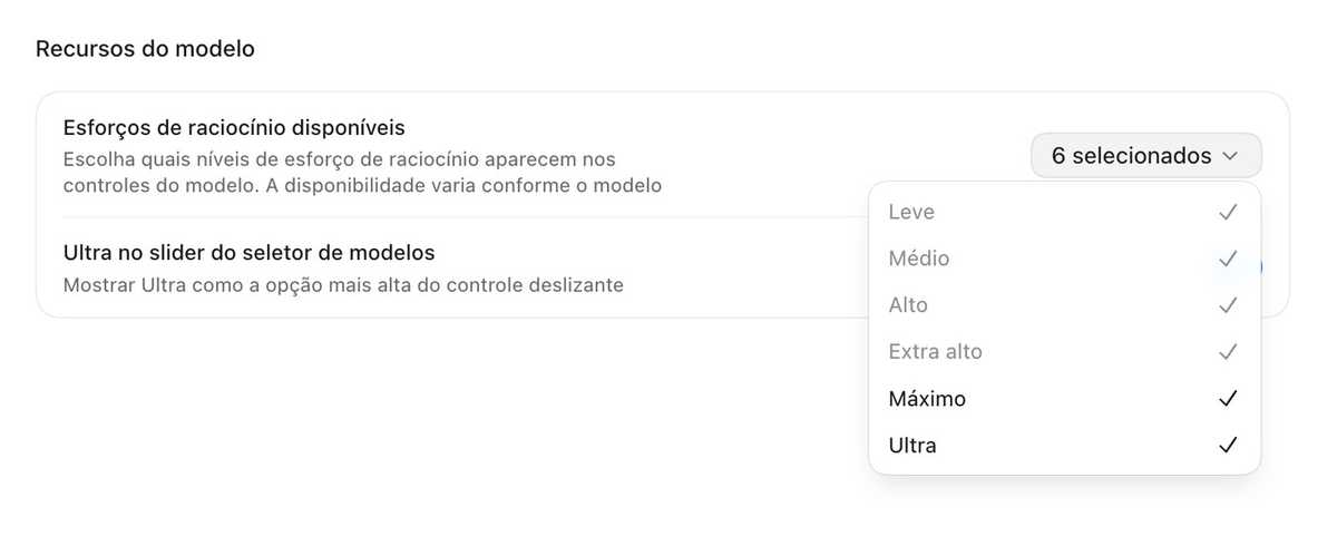 Tela de configuração do Codex mostrando os esforços de raciocínio disponíveis, com Máximo e Ultra marcados